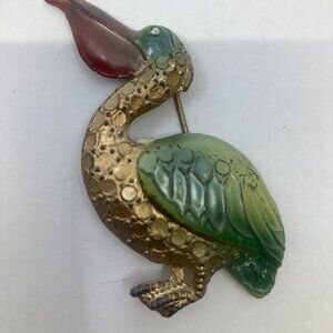 Vtg 1940 CORO pewter enamel pelican bird brooch